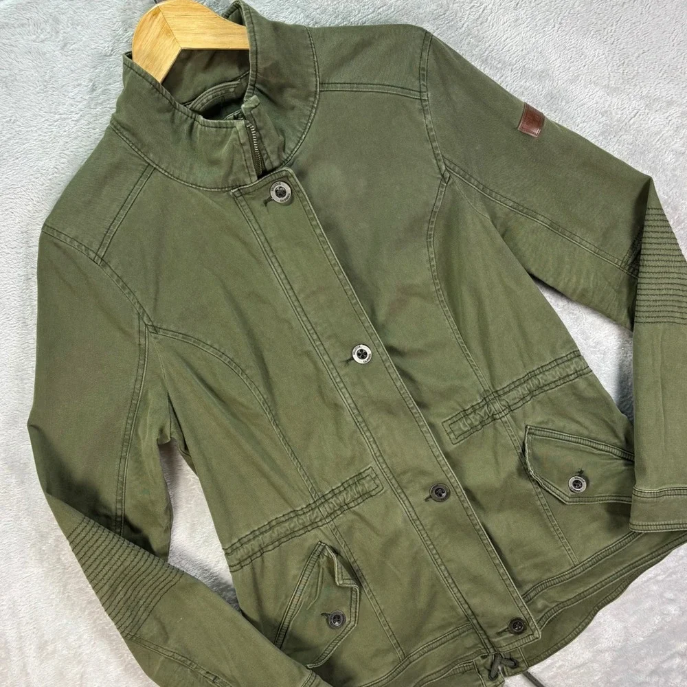Hollister Women L Utility Jacket Green Moto Stitch Drawstring Waist‎ Casual Coat